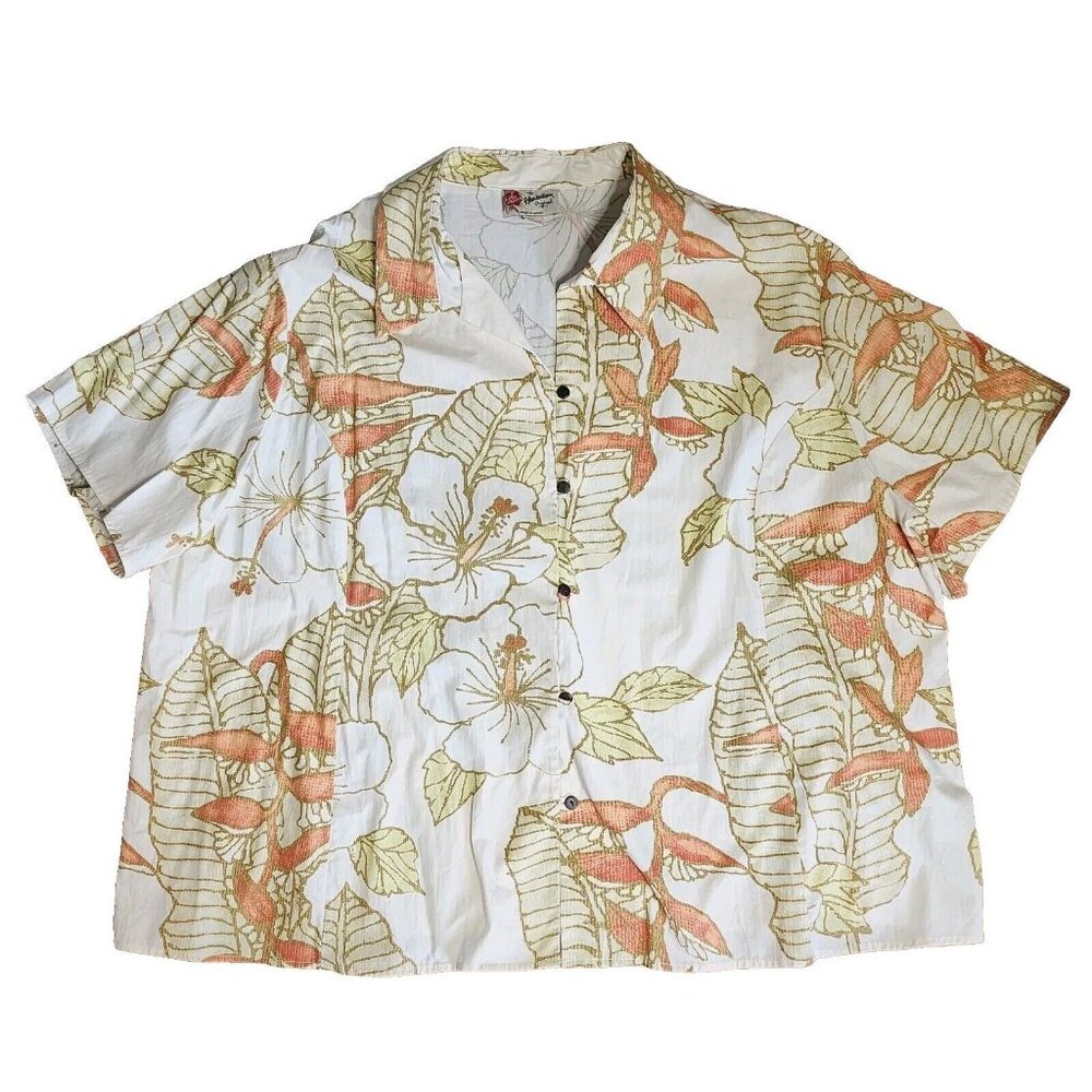 Hilo Hattie‎ Top Mens Size 4XL White Orange Floral Button Down Short Sleeve